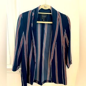 Dynamite brand blazer in navy blue with pink peach pinstripes. Size small
